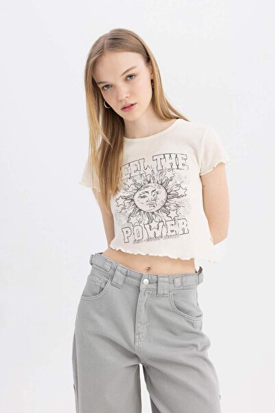 DeFacto Coool Tailliertes, bedrucktes Waffel-Kurzarm-T-Shirt mit Rundhalsausschnitt C8612AX24SM