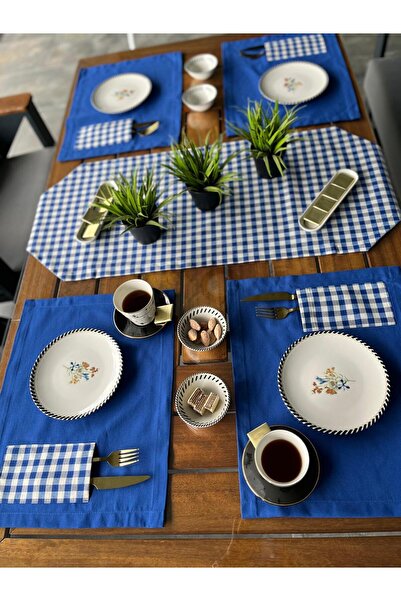Tropikhome Amerikan Servis Supla Ve Runner Seti 8 Kişilik Set Mavi Ekose Dese...