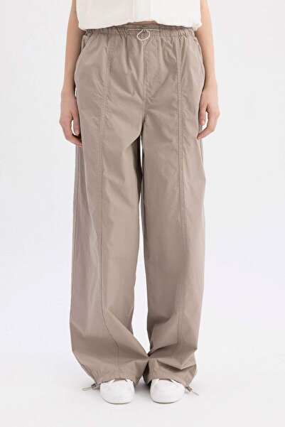 DeFacto Poplin Pants Wide Leg Double Pockets High Stretchy Waisted Standard Length Adjustable Elastic Leg B751