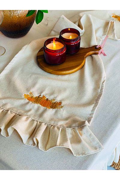 HOME OF BLOSSOM 40*100 cm Raw Linen 2 Ends Pumpkin Embroidered Runner