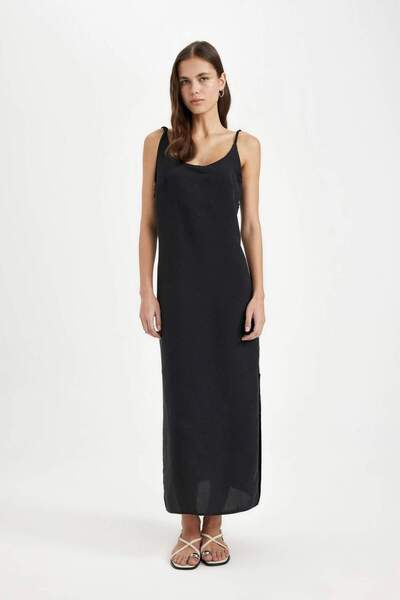 DeFacto Straight Fit Yuvarlak Yaka Modal Askılı Siyah Maxi Elbise C8231AX24SM