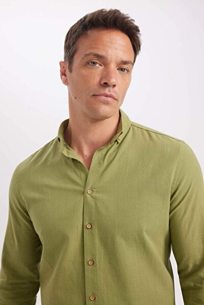 DeFacto 100% Cotton Modern Fit Button Polo Neck Linen Look Long Sleeve Shirt T6284Azns