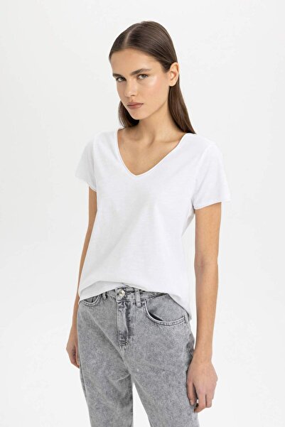 DeFacto Základní pevné tričko s krátkým rukávem Regular Fit s výstřihem do V K1507Az24Sm