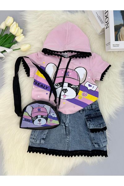mislina kids Girl's Denim Skirt 3-Piece Set – T-Shirt + Denim Skirt + Bag