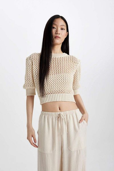 DeFacto Crew Neck Half Sleeve Crochet Knitwear T-Shirt C9165Ax24Sm