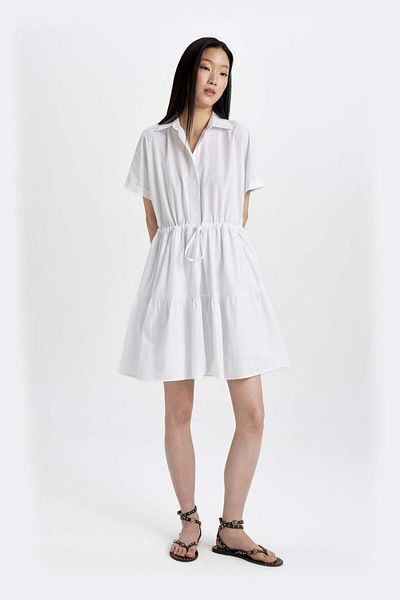 DeFacto Shirt Collar Gathered Waist Poplin Short Sleeve Mini White Dress C5698Ax24Sm
