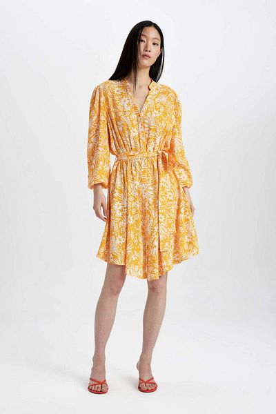 DeFacto Marocain Long Sleeve Midi Dress with Peep Collar Floral Pattern C3386Ax24Sm