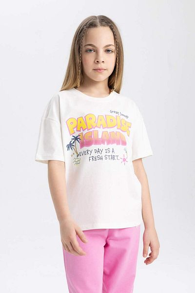 DeFacto Girls' Relax Fit Crew Neck Printed Short Sleeve T-Shirt B5125A824Hs