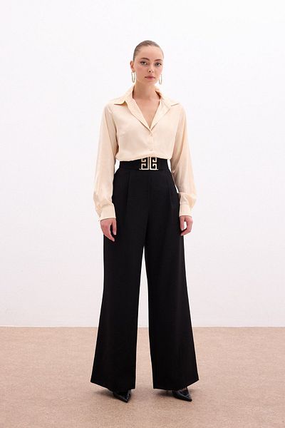 Sateen Wide Leg Trousers with Waist Accessory - BLACK