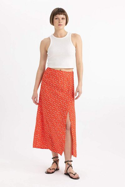 DeFacto A-Line Floral Regular Waist Slit Midi Skirt X6692Az24Sm