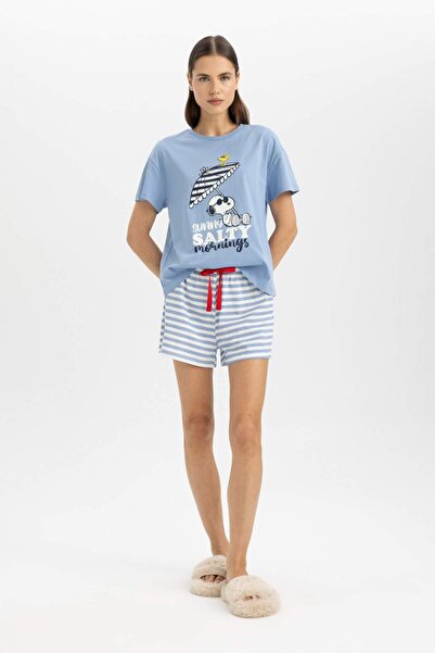DeFacto Fall in Love Snoopy Pijama Takımı Regular Fit Kısa Kollu Üst Şort C1739AX24SM