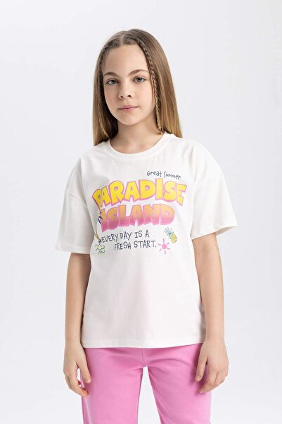 DeFacto Girls' Relax Fit Crew Neck Printed Short Sleeve T-Shirt B5125A824Hs