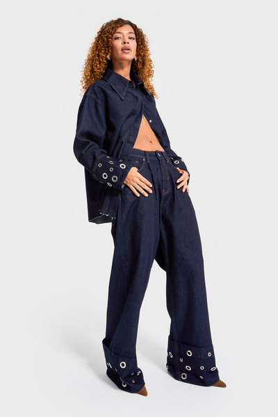 its basic Kadın İndigo Renk 7w5-50 Süper Baggy Fit Özel Viskon Kumaş Kuş Gözü Detaylı Denim Jean