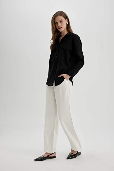 DeFacto Oversize Geniş Kalıp Cep Detaylı Krinkıl Kumaş Uzun Kollu Gömlek C3165AX24SP