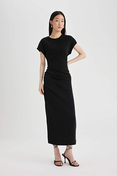 DeFacto Bodycon Στρογγυλή λαιμόκοψη Basic Solid Twill Camisole Κοντό μανίκι Maxi Φόρεμα C2470AX24SP