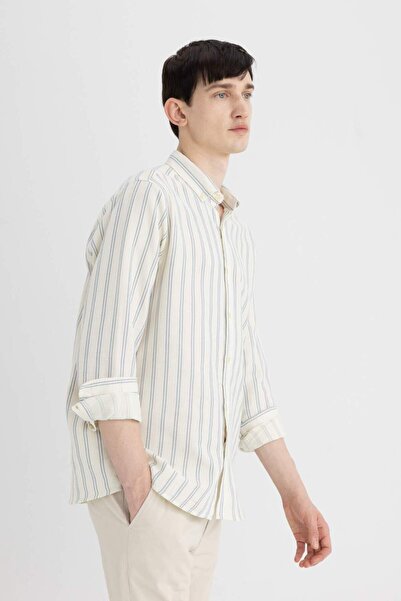 DeFacto Regular Fit Çizgili Pamuklu Yazlık Müslin Uzun Kollu Gömlek C4371AX24SP