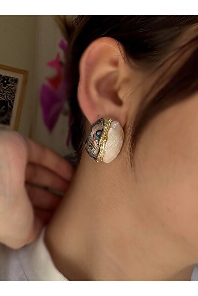 mos&more Beyaz Mavi Sedefli Marka Çelik Kadın Küpe