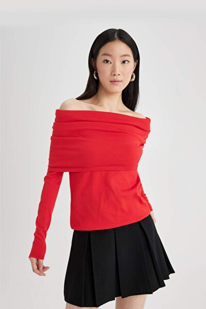 DeFacto Přiléhavý svetr s otevřenými rameny červený svetr D0049AX24SP