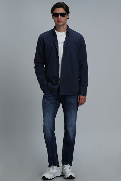 Lufian Real ανδρικό πουκάμισο Basic Comfort Fit Navy Blue