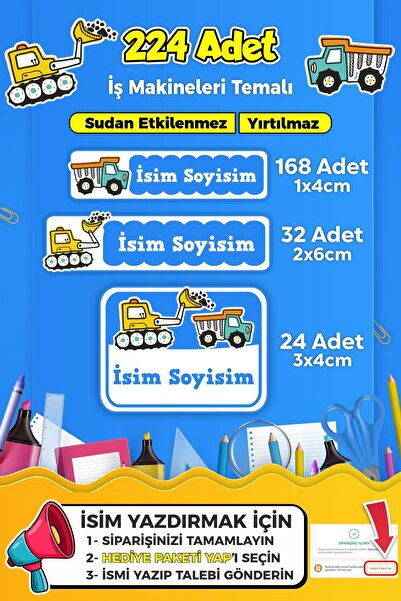 SB store İş Makineleri Temalı Okul Kreş Kişiye Özel İsim Etiket Seti - Model 251