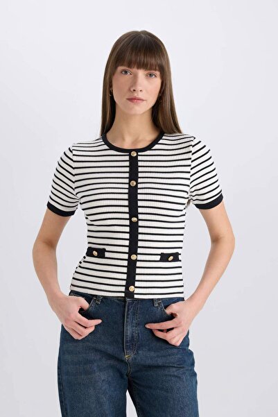 DeFacto Μπλουζάκι με κοντό μανίκι με ριγέ ριγέ λαιμόκοψη με λεπτή εφαρμογή C2566ax24sp