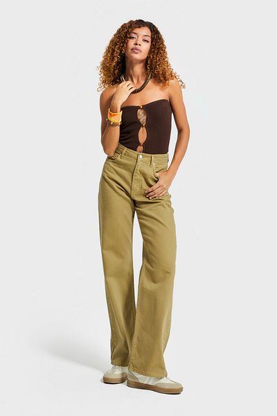 its basic Women's Oil Green Color 6W5-129 Straight Fit High Waist 100% Cotton Inner Size 80cm Denim Jean