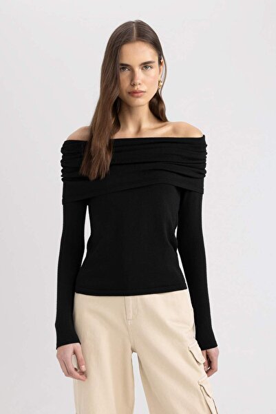 DeFacto Zapínání na rameno Basic Plain Knitwear Černý svetr D0049AX24SP