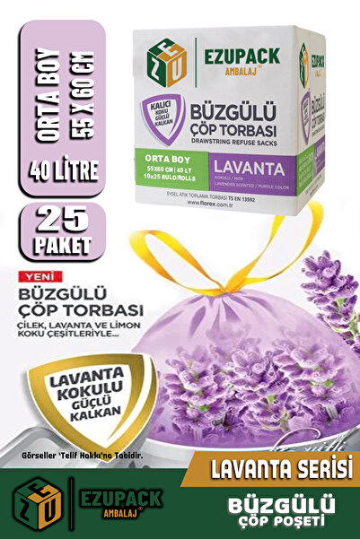 Ezupack 40 Lt ( 25 PAKET ) Avantaj Paket Orta Boy Lavanta Kokulu Büzgülü Çöp ...