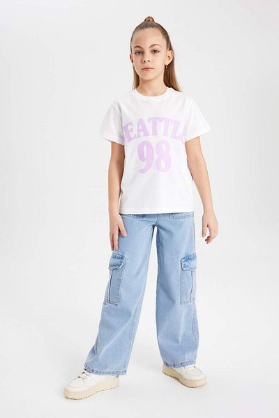 DeFacto Girls' Crew Neck Printed Short Sleeve T-Shirt B5095A824Sm