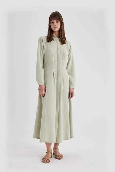 DeFacto Rochie de bază cu mânecă lungă, cu guler de cămașă, amestecat de in C3798ax24sp