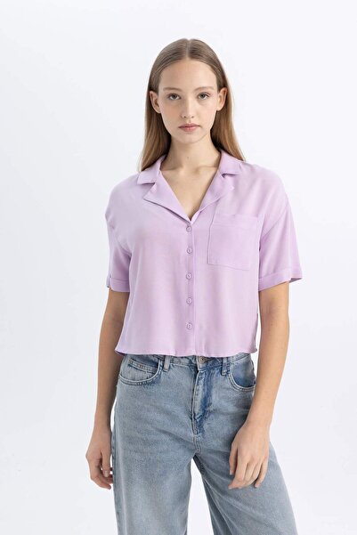 DeFacto Coool Oversize Geniş Kalıp Pijama Yaka Kısa Kollu Gömlek C3751AX24SP