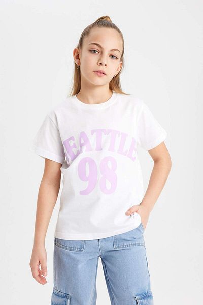 DeFacto Girls' Crew Neck Printed Short Sleeve T-Shirt B5095A824Sm