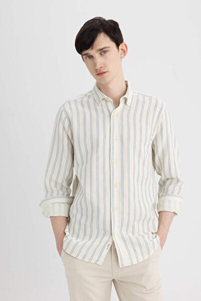 DeFacto Regular Fit Çizgili Pamuklu Yazlık Müslin Uzun Kollu Gömlek C4371AX24SP