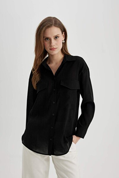 DeFacto Oversize Geniş Kalıp Cep Detaylı Krinkıl Kumaş Uzun Kollu Gömlek C3165AX24SP