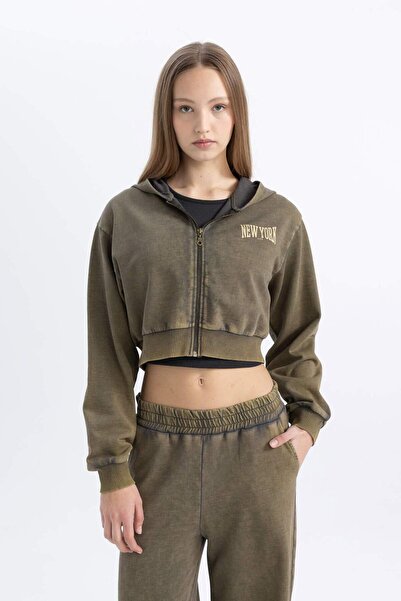 DeFacto Coool Crop Kapüşonlu Baskılı Soluk Yıkama Efektli Kalın Fermuarlı Sweatshirt C4475AX24SP
