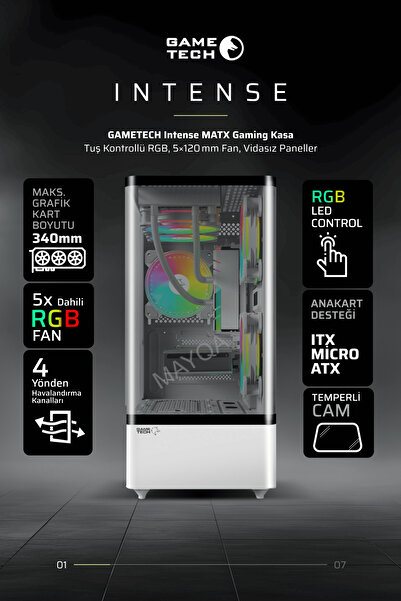 GAMETECH Intense Beyaz 600w 80p Tuş Kontrol Rgb 5x120mm Fan Özel Tak Çıkar Vidasız Kapaklar Bilgisayar Kasası