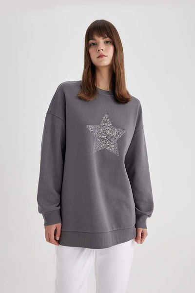 DeFacto Regular Fit Crew nyakú csillagmintás belső puha szőrös pulóver tunika C5421AX24SP