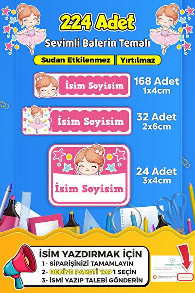 SB store Sevimli Balerin Temalı Okul Kreş Kişiye Özel isim Etiket Seti - Mode...