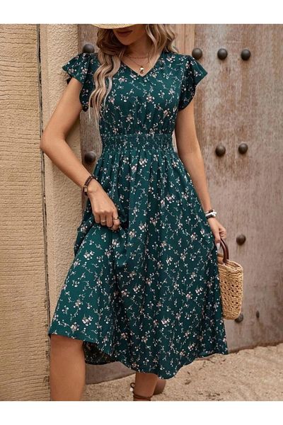 Silerra Women's Short Sleeve V Neck Elastic Waist Floral Print Single Jersey Dress