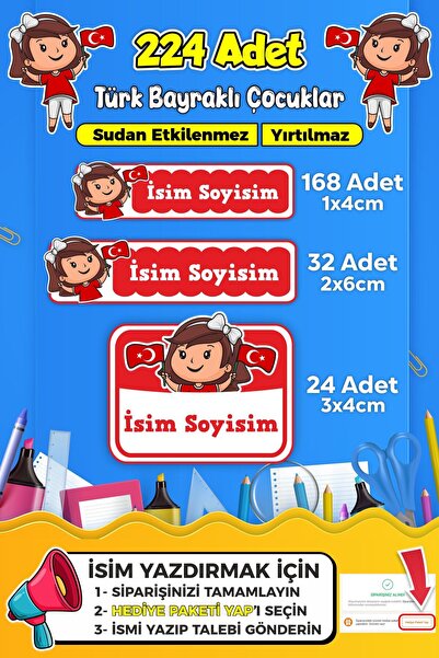 SB store Türk Bayraklı Çocuklar Okul Kreş Kişiye Özel isim Etiket Seti - Mode...
