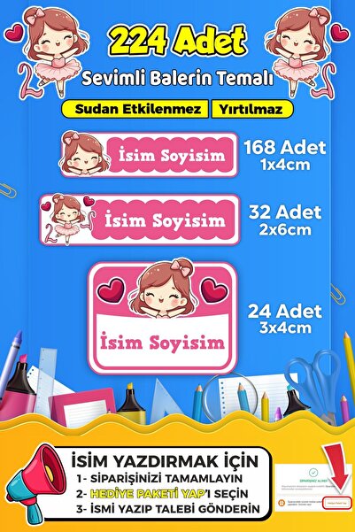 SB store Sevimli Balerin Temalı Okul Kreş Kişiye Özel isim Etiket Seti - Mode...