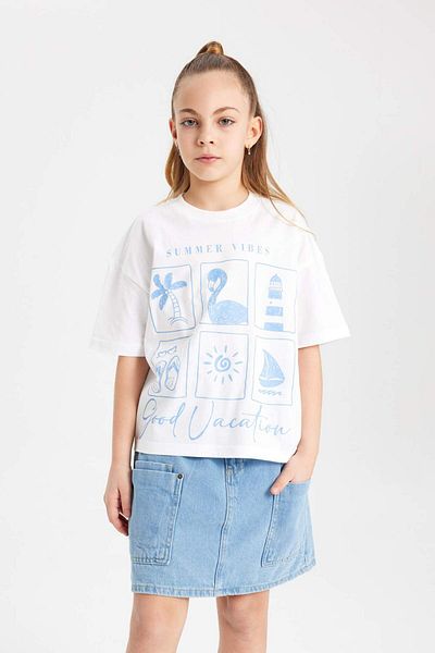 DeFacto Girls Oversize Wide Fit Crew Neck Printed Short Sleeve T-Shirt B5128A824Sm