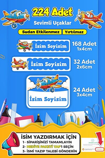 SB store Sevimli Uçaklar Temalı Okul Kreş Kişiye Özel İsim Etiket Seti - Mode...