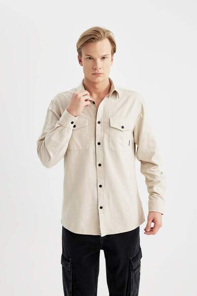 DeFacto %100 Pamuk Regular Fit Polo Yaka Basic Düz Uzun Kollu Gömlek B2654AX24SP