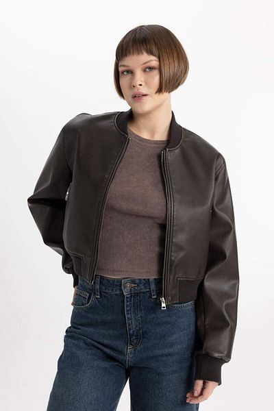 DeFacto College Collar Snap Fastener Pocket Vintage Faux Leather Bomber Jacket B8247Ax24Sp