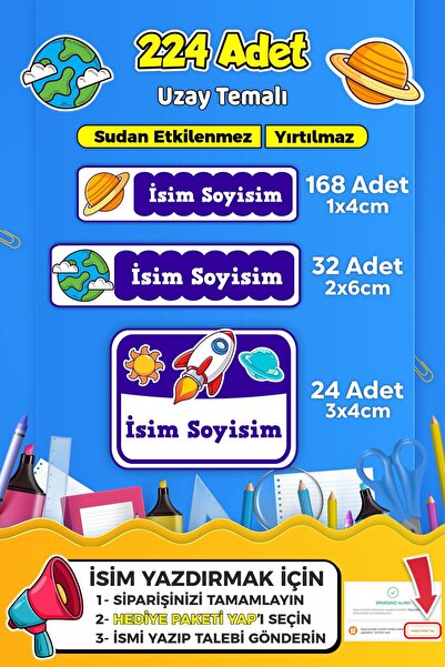 SB store Uzay Temalı Okul Kreş Kişiye Özel isim Etiket Seti - Model 539