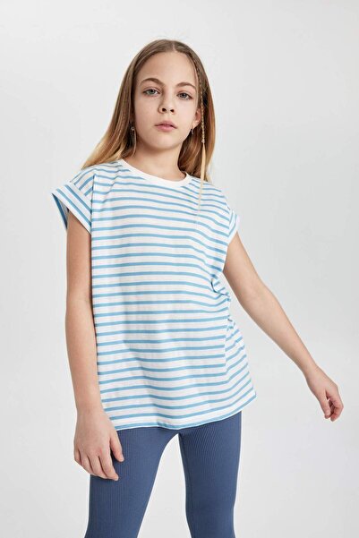 DeFacto Κοριτσίστικο μπλουζάκι με ριγέ κοντομάνικο μπλουζάκι με φαρδύ λαιμόκοψη B6694A824SM