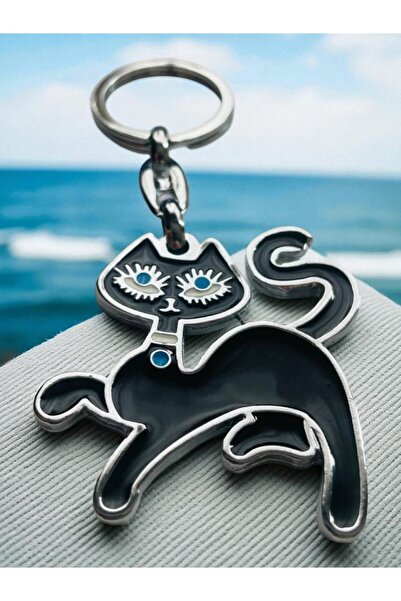 GALATA GIFT سلسلة مفاتيح على شكل قطة زرقاء مزينة باللون الأسود بعرض 10 سم - م...