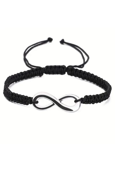 OEM Set bratara cuplu-prietenie, pandantiv "INFINIT", impletite alb-negru, aliaj inoxidabil, reglabile