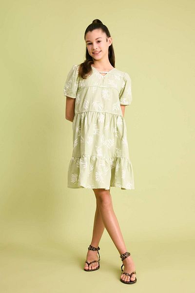 DeFacto Girls Cotton Short Sleeve Patterned Dress C0533A824Sm